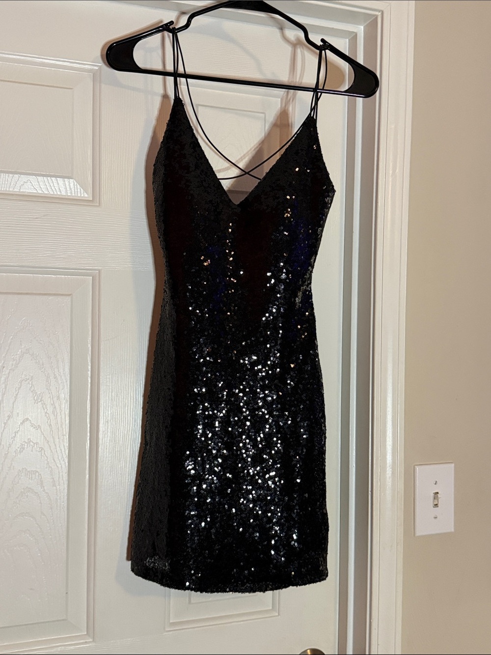 B Darlin Black Sequin Mini Slip Dress with Spaghetti Straps